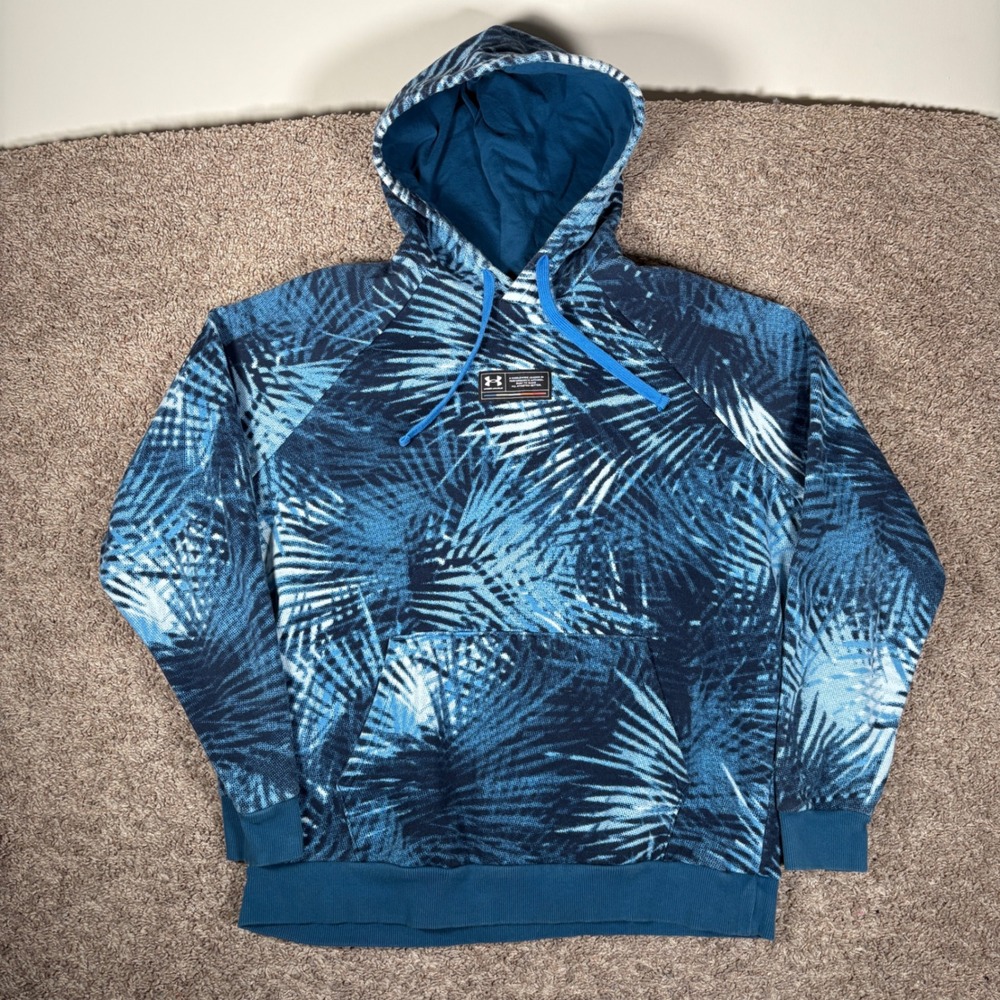 Under Armour Mens Blue Tropical Palm Leaf Print Pullover Hoodie Loose Fit LG